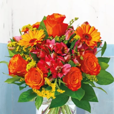 Blumenstrauß Danke in Orange-Tönen mit Rosen, Gerbera und Grün, als Dankeschön-Geschenk