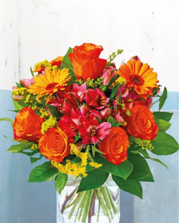 Blumenstrauß Danke in Orange-Tönen mit Rosen, Gerbera und Grün, als Dankeschön-Geschenk