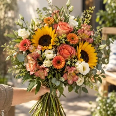 kurz rund gebundener herbststrauss mit sonnenblumen, rosen undgermini in herbstlicher FArbwelt