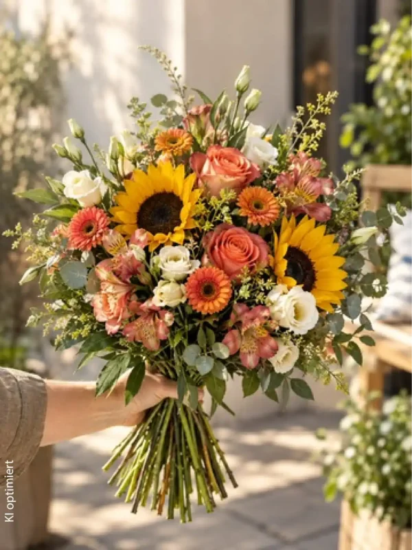 kurz rund gebundener herbststrauss mit sonnenblumen, rosen undgermini in herbstlicher FArbwelt