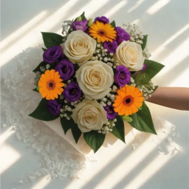 rundgebundener Strauss mit Rosen und Minigerbera Orange-Violett-Weiss