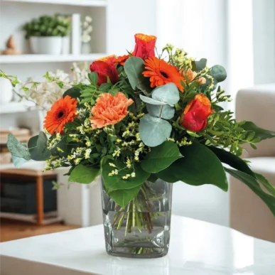 Kompliment, Blumenstrauss in Orangetoenen, kurz gebunden