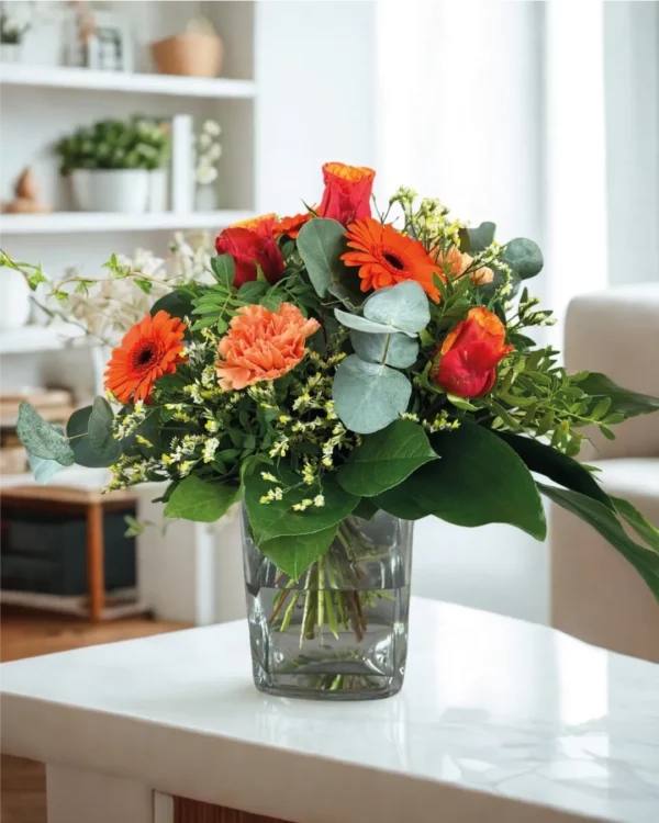 Kompliment, Blumenstrauss in Orangetoenen, kurz gebunden
