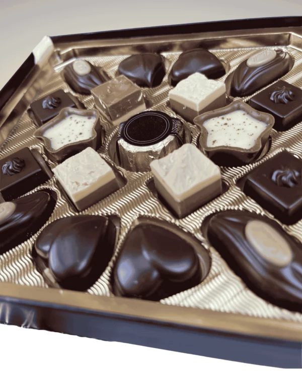 Lindt_Inhalt geöffnete Pralinenpackung mit sichtbarem Inhalt der Pralinen