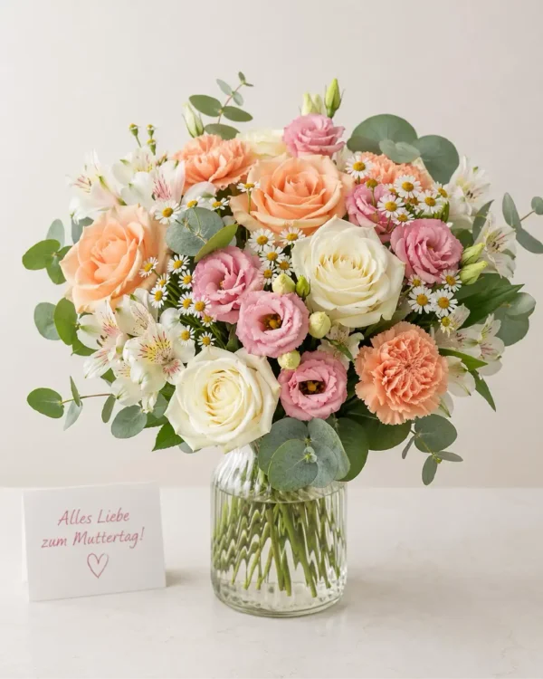 kompakt und rund gebundener Blumenstrauss in apricot und pink toenen